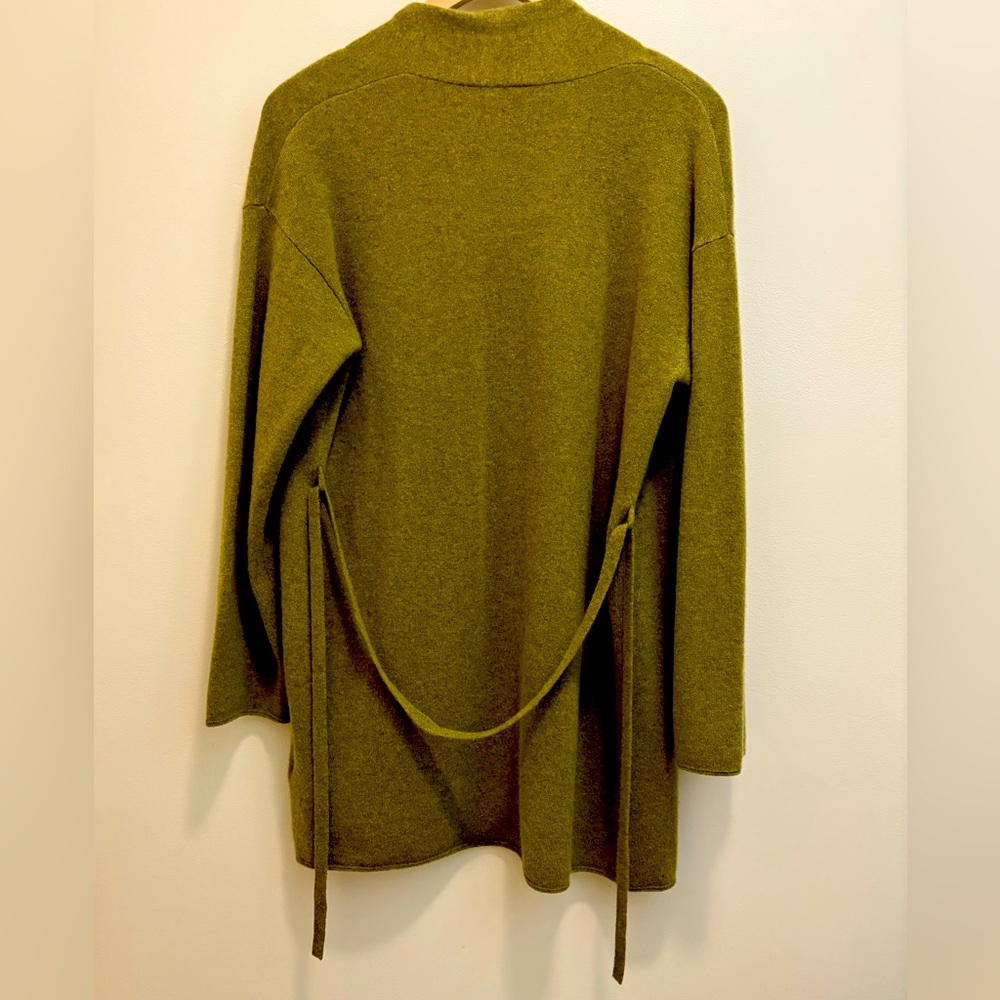 Ahkeke London Open Front Olive Green Cashmere Cardigan Sweater with tie belt, S